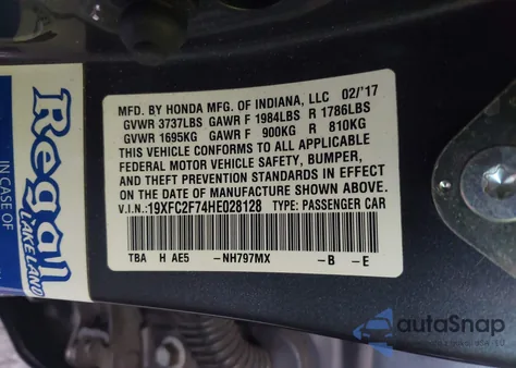 2017 Honda Civic Ex z USA, uszkodzony, nr VIN 19XFC2F74HE028128